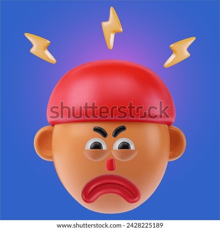 Funny cartoon head angry boy or men in realistic 3d style. Bright positive character design. Colorful vector illustration.