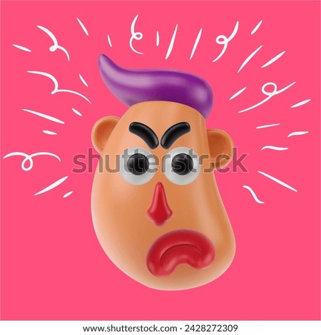 Funny cartoon head angry boy or men in realistic 3d style. Bright positive character design. Colorful vector illustration.