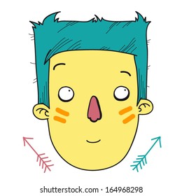 Funny cartoon head of the boy with arrows . Cute hand drawn vector illustration isolated on white background. 