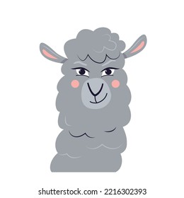 Funny cartoon head of cunning lama. Grinning alpaca isolated on a white background. Vector animal illustration.