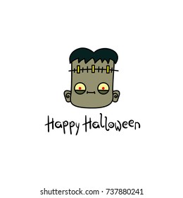 Funny cartoon head of Frankenstein's monster. Halloween illustration with inscription "Happy Halloween". 