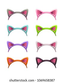 Funny cartoon headbands with cat ears. Head decor for party time. Animal costume element. Head gears set.