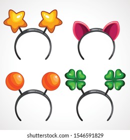 Funny cartoon headbands. Head decor for party time. Head gears set. Vector illustration.