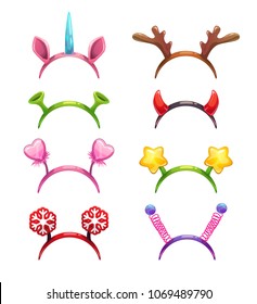 Funny Cartoon Headbands With Horns And Ears. Head Decor For Party Time. Animal Costume Element. Head Gears Set.