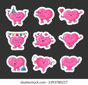 Funny cartoon heart in different poses. Sticker Bookmark. Kawaii characters. Happy valentines day concept. Hand drawn style. Vector drawing. Collection of design elements.