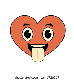 Emoji engraçado do coração dos desenhos animados com olhos patetas e língua fora expressando o humor lúdico no fundo branco