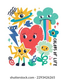 Funny cartoon Heart illustration.Love concept.Retro cartoon stickers.Set of Funny Character Emoticons. Pop Art Elements.Vector illustration of heart, patch, cloud , cloud, rainbow, abstract faces etc.