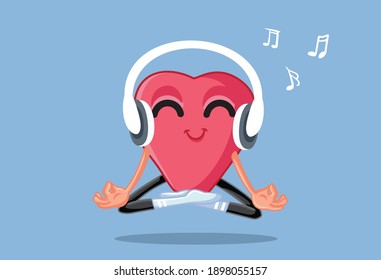 Funny Cartoon Heart Listening to Music. Cute character enjoying love songs for Valentine’s day
