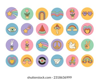 Funny cartoon  heart, rainbow, peace, love icons etc. Isolated  cartoon vector illustration. Sticker pack in trendy retro  style. Groovy 70s set. 