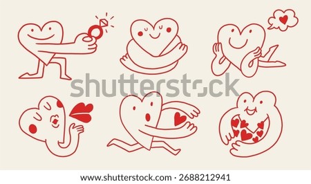 Funny cartoon heart shaped characters clipart. Hand drawn playful doodle style mascot love set. Hug, kiss, love, dreaming, propose. Hearts with faces, different emotions. Valentine's day stickers. 
