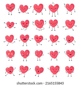 Funny cartoon heart shapes emotions set. Lovely collections of emoticons with pink heart, smiley faces and facial expressions. Happy, joyful, cute, kissing and sad emoji. Vector illustration