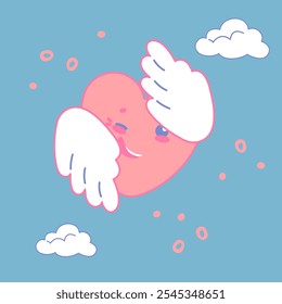 A funny cartoon heart with wings is playing hide-and-seek. The heart smiles and hides behind the wings. There is a blue sky with clouds in the background