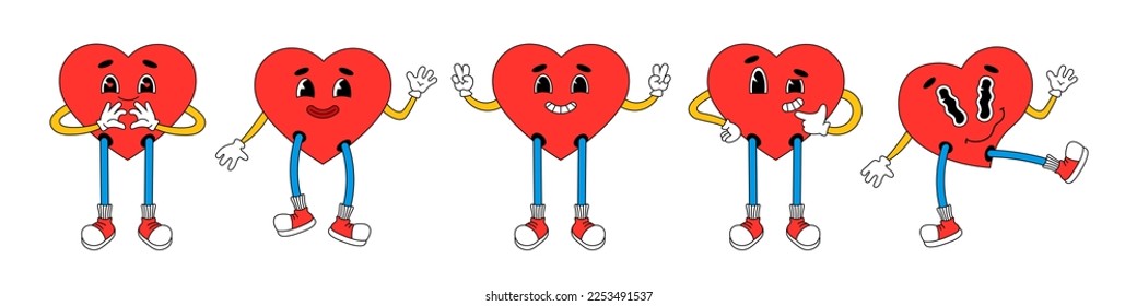 Personajes divertidos de corazón de dibujos animados. Empaquetadores de historietas, parches y clavijas. Ilustración vectorial en el estilo retro de caricatura de moda.