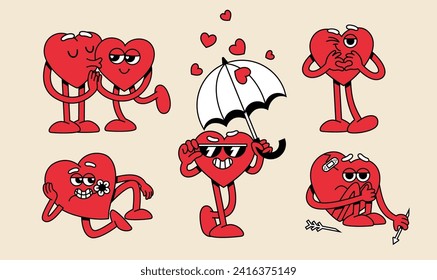 Funny Cartoon Hörzeichen Set für den Valentinstag. Vektorliebhaber Sticker. Retro Groovy Illustrationen