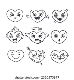 Funny cartoon hearts. Cute cartoon characters. Set of heart icons in doodle style.Vector illustration
