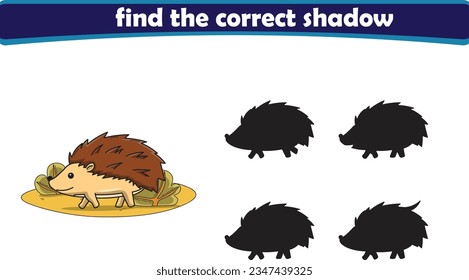 Funny cartoon hedgehog. find the correct shadow. Kids Education games. Cartoon vector illustration