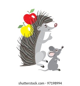 Funny cartoon hedgehog and mouse, isolated on white background