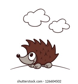 Funny cartoon hedgehog on a hill, vector illustration