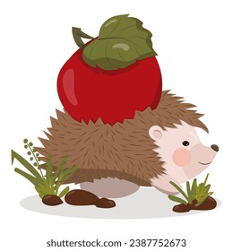Funny cartoon hedgehog with a red apple on needles. Happy autumn forest mammals. Suitable for children s projects, scrapbooking, etc. Vector illustration.