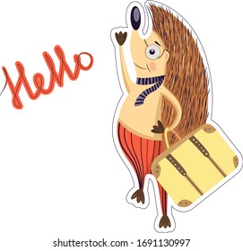 Funny cartoon hedgehog. traveler hand drawn vector illustration.