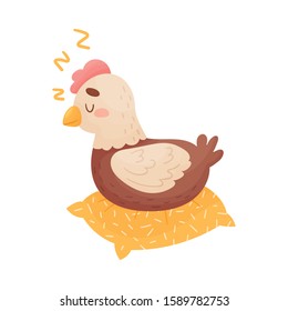 Funny Cartoon Hen Bird Sleeping on the Pillow Vector Illustration