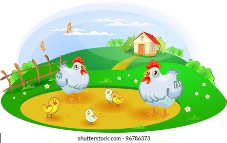 funny cartoon hen and chickens in the village. landscape. vector