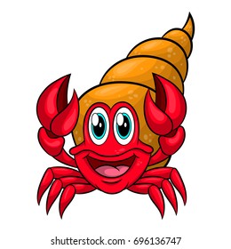 Funny cartoon hermit crab in the shell. Vector illustration Isolated on white background.