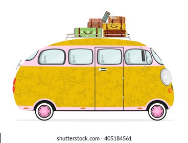 Funny cartoon hippie bus on a white background. Flat vector