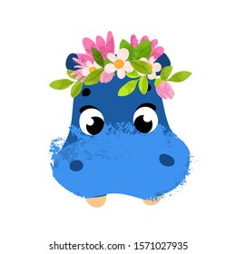 Funny cartoon hippo. Cute animal head with flowers wreath. Vector illustration  