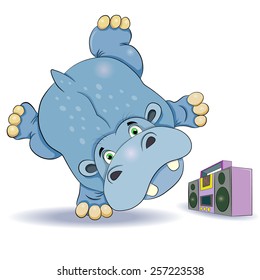 Funny cartoon hippo dancing breakdance and does handstand on hand. Near the dancer stands tape. 