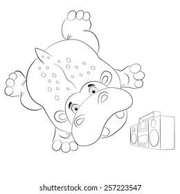 Funny cartoon hippo dancing breakdance and does handstand on hand. Near the dancer stands tape. Coloring book.