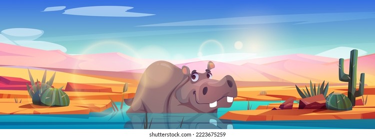 Gracioso hipopótamo de dibujos animados en el agua. Ilustración vectorial de la natación hipopótamo en el lago bajo el sol abrasador brillando en el cielo azul, fondo de desierto arenoso caliente. Animales felices en el hábitat natural. Banner de zoológico