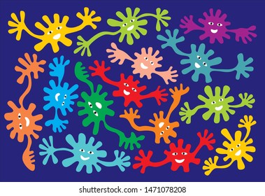 Funny cartoon hipster background. Ghost dance with smiles and long arms on a blue  substrate. Vector graphics.