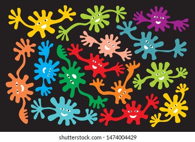 Funny cartoon hipster background. Ghost dance with smiles and long arms on a black substrate. Vector graphics.