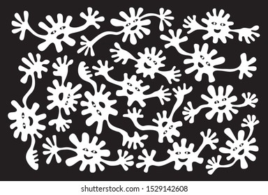 Funny cartoon hipster background. Ghost dance with smiles and long arms. Black and  white.  Horror halloween. Vector graphics.
