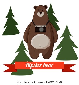 Funny cartoon hipster bear photographer vector background