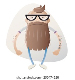 funny cartoon hipster with beard and glasses