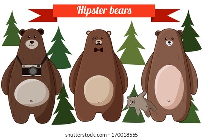 Funny cartoon hipster bears vector background