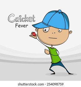 Funny cartoon holding red ball for Cricket sports concept.