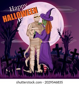 Funny cartoon holiday.Halloween for flyer design.Character on light backdrop. Fantasy gothic woman dark witch. Witchcraft art. Ancient egypt mummy. Trick or trip. Party. Paramour. The day of the Dead.