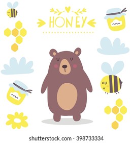 Funny cartoon honey and bear print