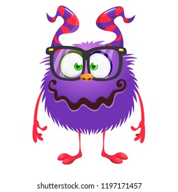 Funny cartoon horned monster wearing eyeglasses