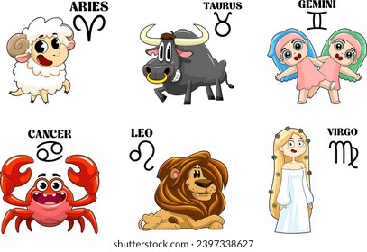 Funny Cartoon Horoscope Zodiac Sign. Vector Hand Drawn Collection Set Isolated On Transparent Background