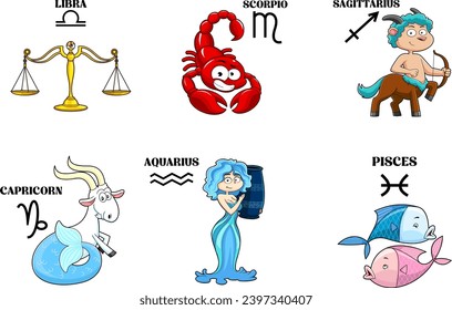 Funny Cartoon Horoscope Zodiac Sign. Vector Hand Drawn Collection Set Isolated On Transparent Background