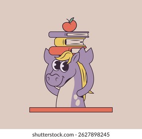 Funny cartoon horse balancing school books and an apple on its head, symbolizing back-to-school or education themes. Rubber hose style, retro groovy mascot.