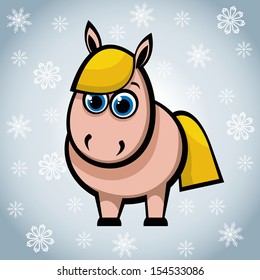 Funny cartoon horse with big blue eyes on a winter background.
