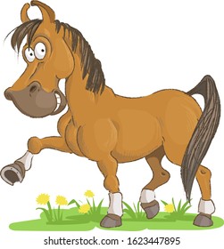 Funny cartoon horse grazes in the meadow and hits with a hoof