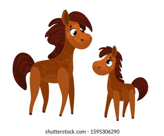 Funny cartoon horse. Mom and baby. Vector illustration for children's books, t-shirt prints, posters, stickers or decor