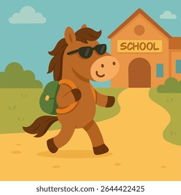 Engraçado cavalo de desenhos animados com óculos de sol e mochila indo para a escola, back-to-school plana ilustração vetorial com vibrações de outono e humor educacional