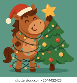 Engraçado cavalo de desenho animado enrolado em luzes de Natal enquanto decora uma árvore festiva, vestindo chapéu de Papai Noel e sorrindo em uma cena de férias acolhedora, ilustração de inverno colorida plana para crianças e famílias